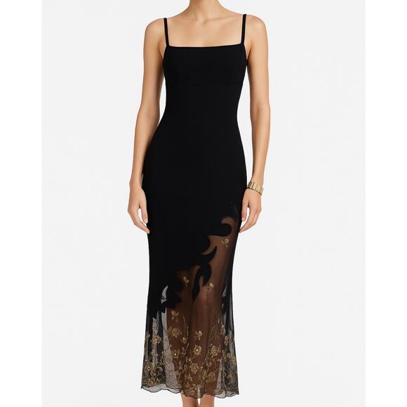 Cache Dresses & Skirts - VTG Y2K 90s CACHE BLK Whimsygoth Maxi Dress Sheer Mesh Embroidered Floral Formal